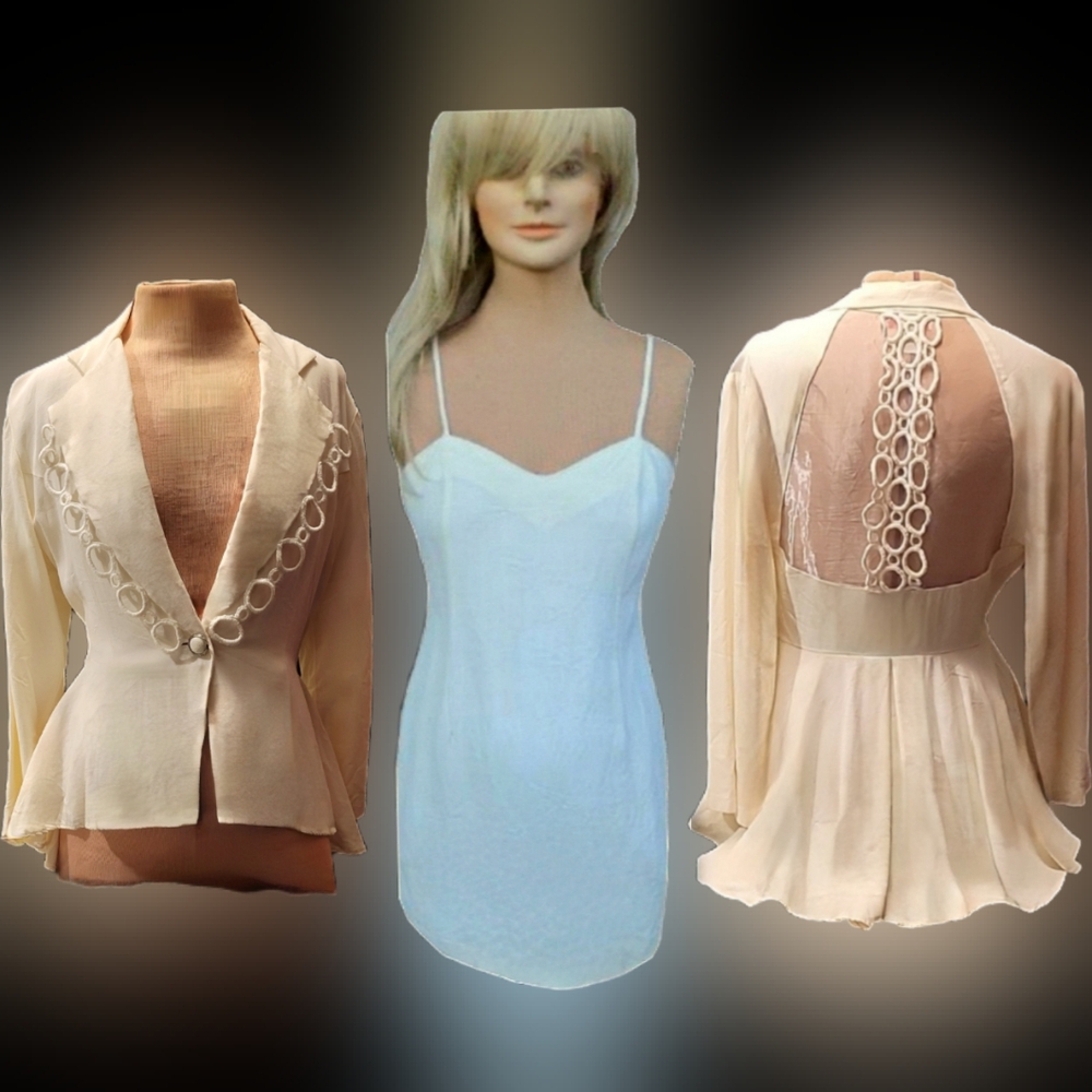 Vtg 90s Beau Monde crm embroidered mesh blazer tailcoat victorian dress set 6M